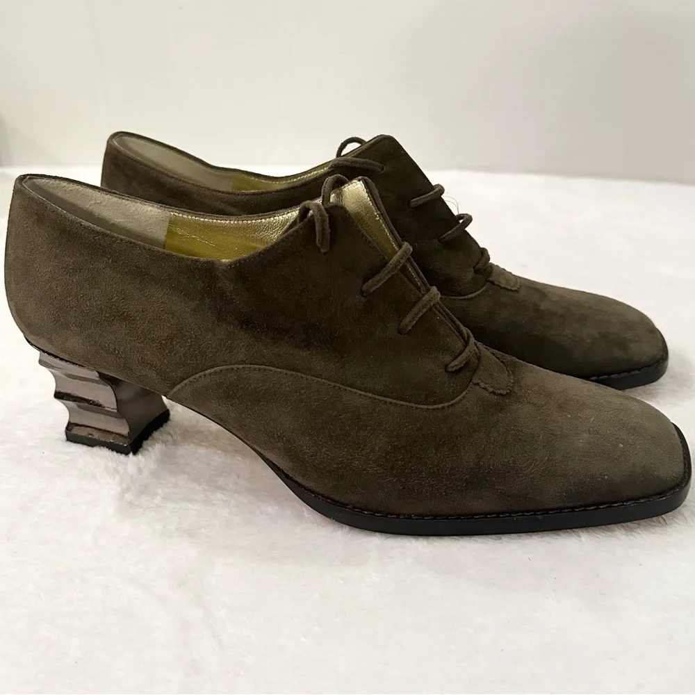 Vintage ESCADA Green/Brown Suede Lace-Up Bootie Funky Heel Pumps 8 AA Narrow